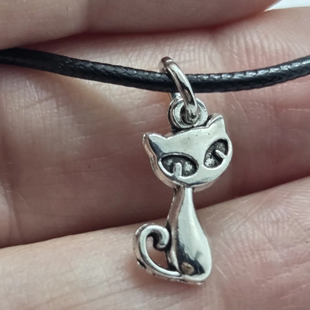 Silver Tone Cat Pendant Necklace - Black Cord